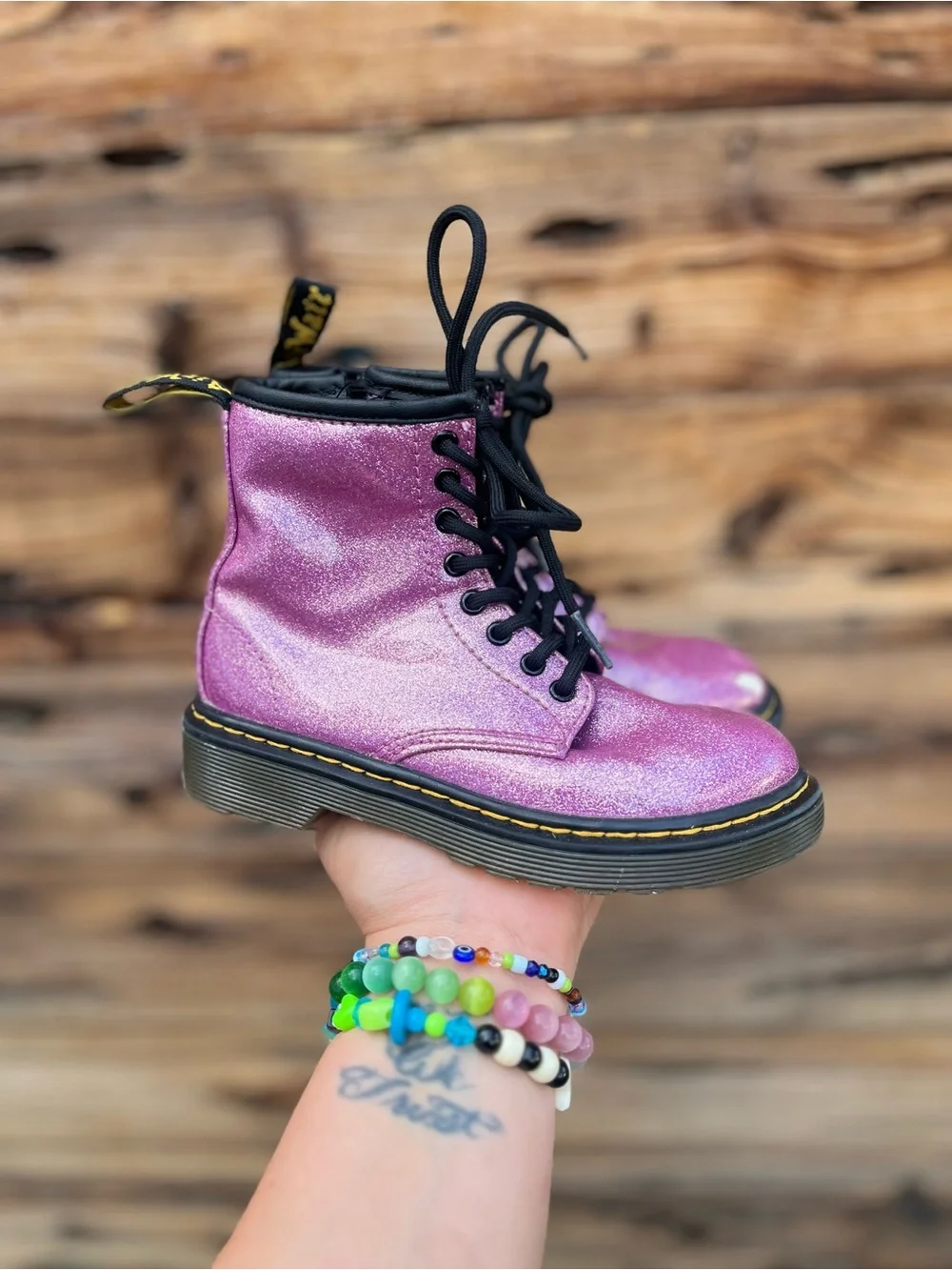 DR.MARTENS | Sparkle Pink Combat Boots with Black Laces 11